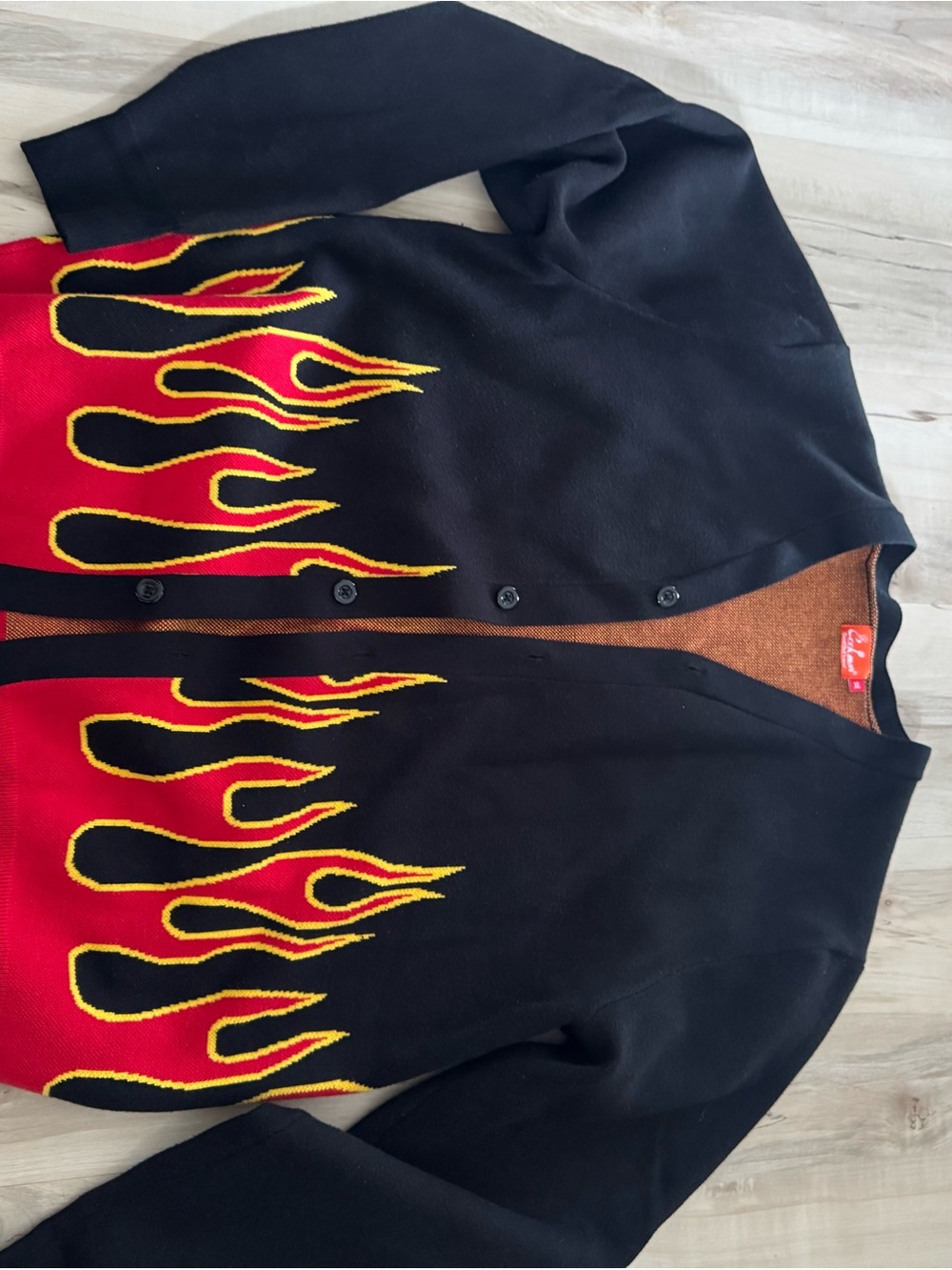 Urban Outfitters  Black Cardigan with Red and Yellow Flame Design
